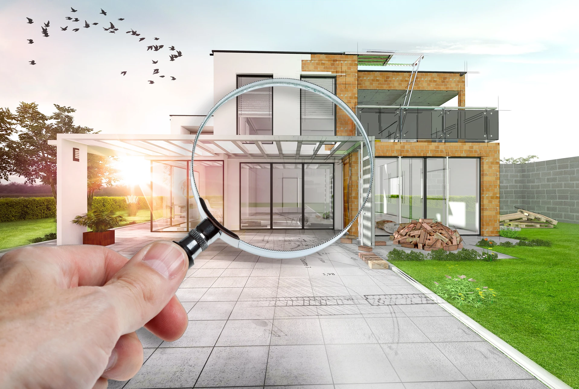 Main de professionnel tenant une loupe devant une villa moderne contemporaine avec terrasse dallée, façade mixte brique et verre, baies vitrées coulissantes et espaces verts paysagers