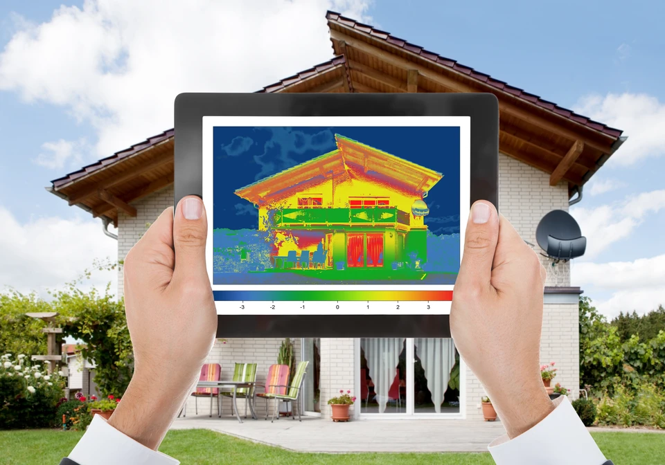 Mains tenant une tablette numérique affichant une thermographie infrarouge d'une maison moderne avec toiture en bois et façade blanche
