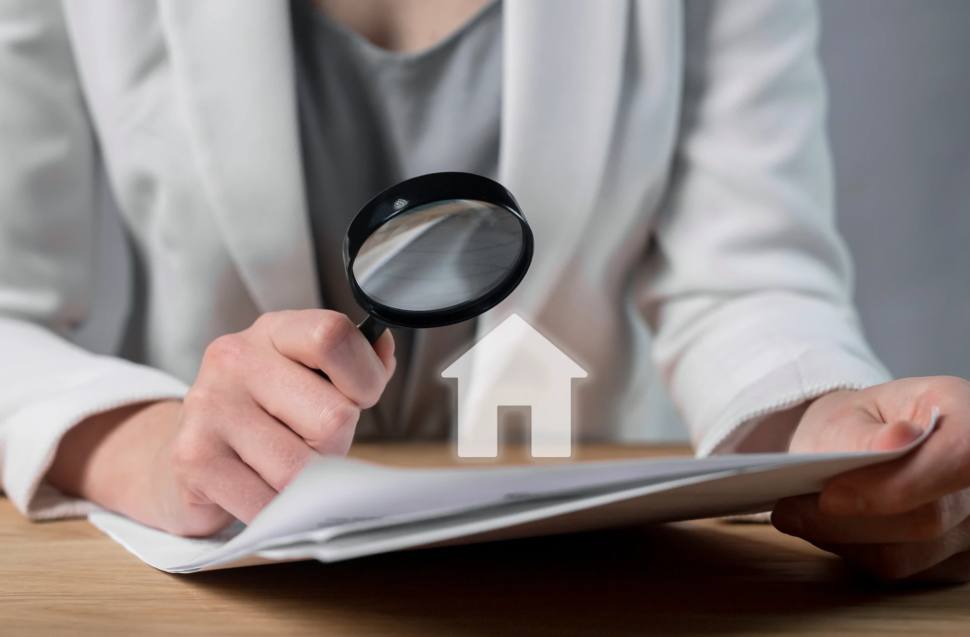 Professionnel en chemise blanche examine documents immobiliers sur tablette numérique, tenant loupe au-dessus d'une maison miniature blanche posée sur les papiers